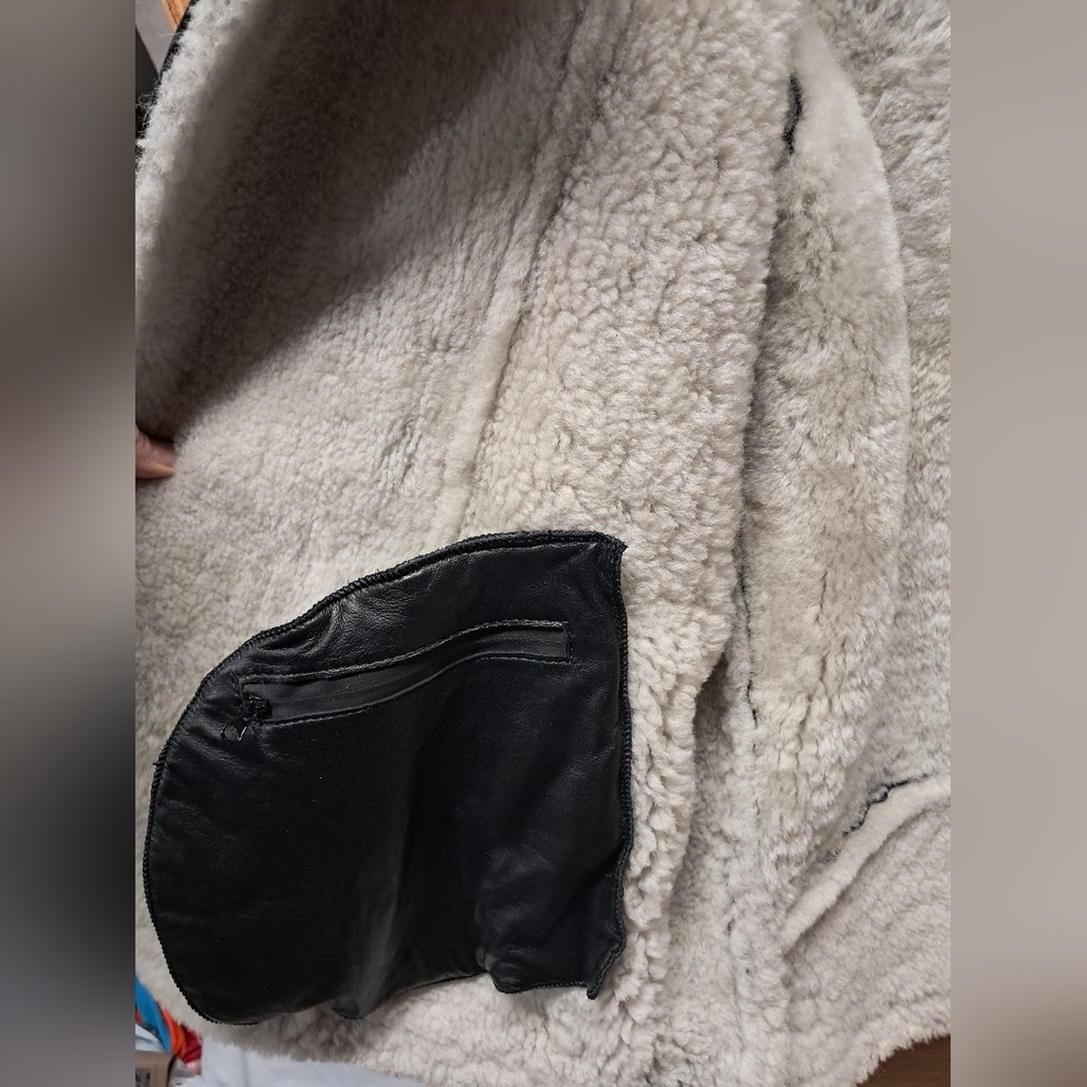Leather Shearling Moto Bomber Jacket Size L - Picture 11 of 12